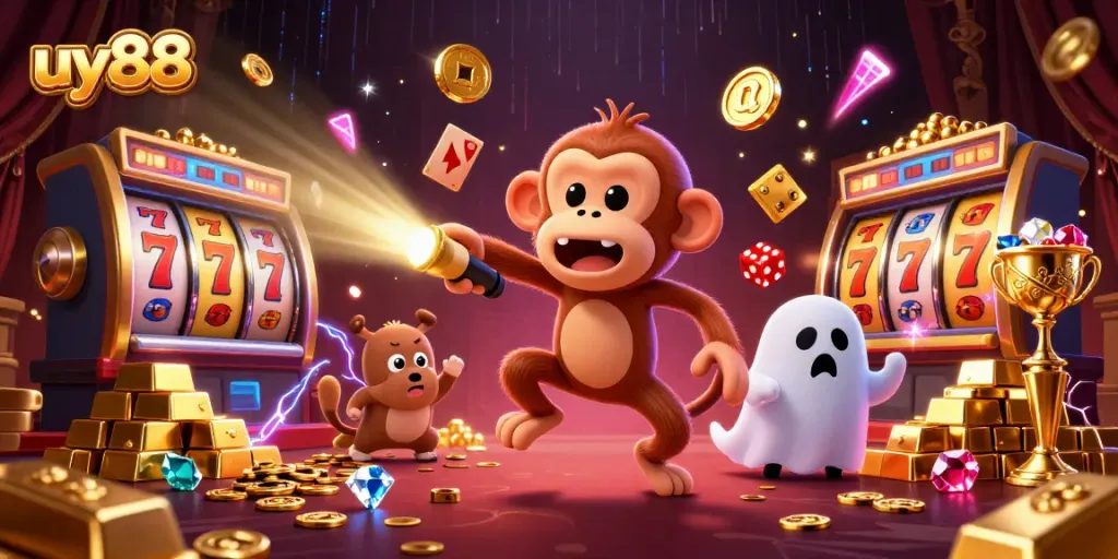 Experience the excitement of uy88 with a vibrant 3D casino scene showcasing thrilling jackpots and treasures.