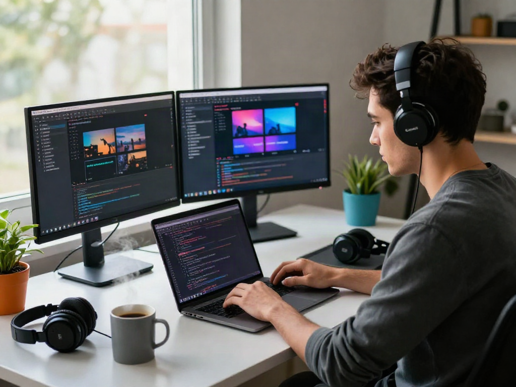 Pikashow streaming setup in a modern tech workspace, showcasing dual monitors with colorful interfaces.