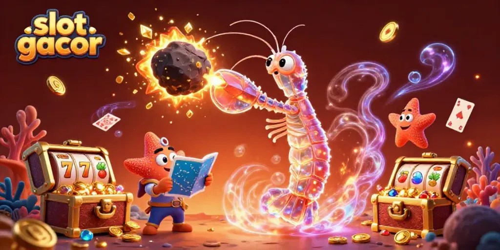 Engaging scene of slot gacor featuring a mantis shrimp and starfish amid exploding gems and coins, illustrating excitement in gaming.