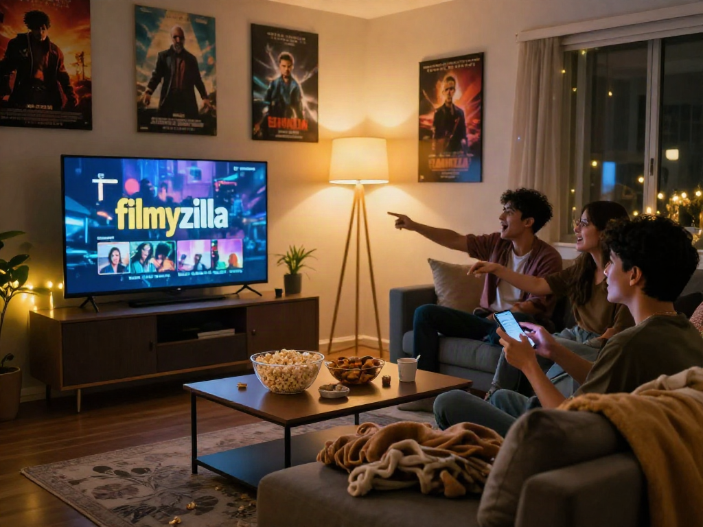 Enjoy friends movie night with filmyzilla streaming on TV, cozy living room vibe.
