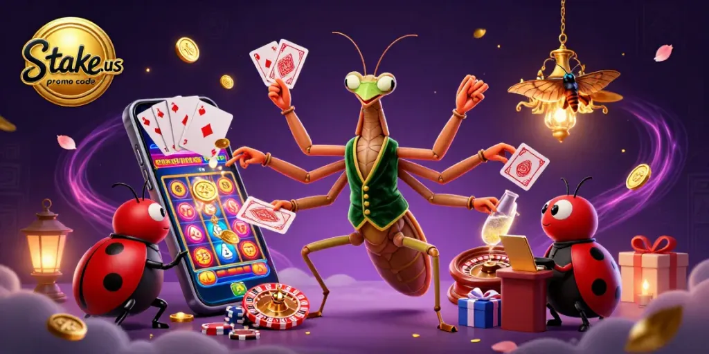 Claim big wins with stake.us promo code surrounded by immersive casino elements and characters.