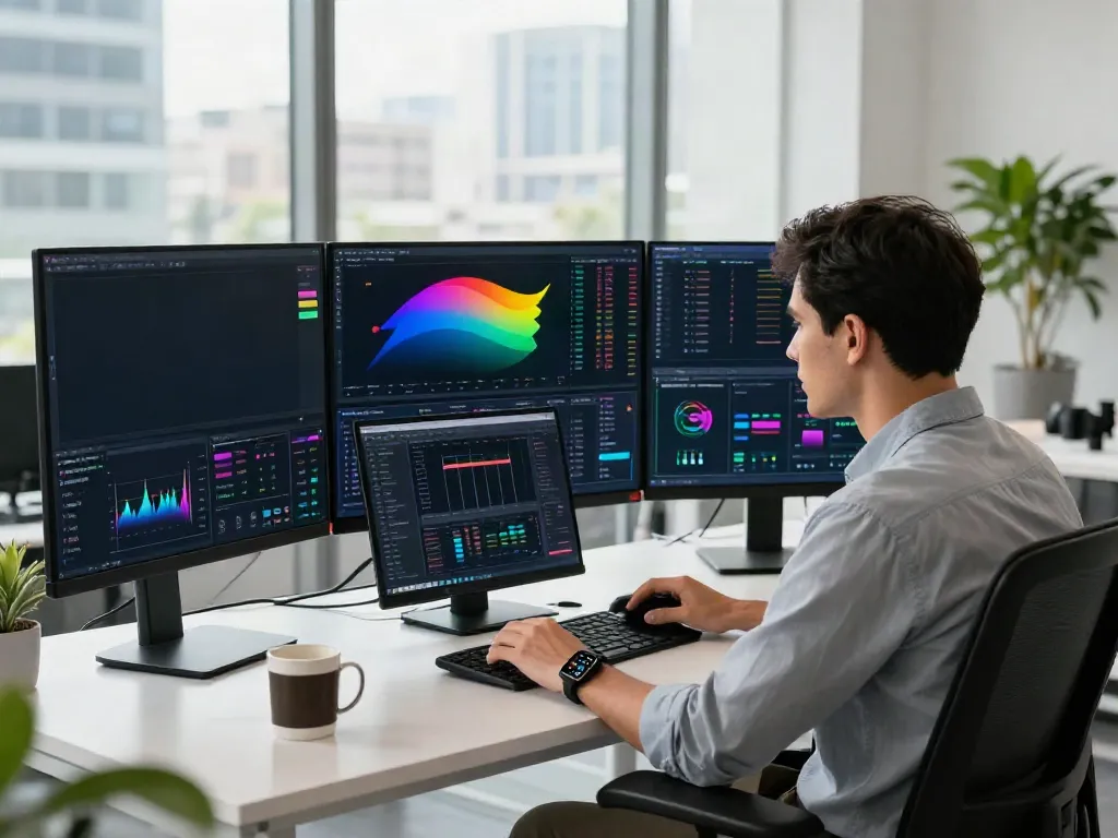 Trader using TradingView to analyze charts in a modern office.