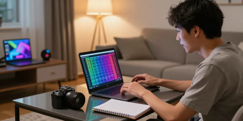 Excited player analyzing togel online patterns in a cozy home setting.