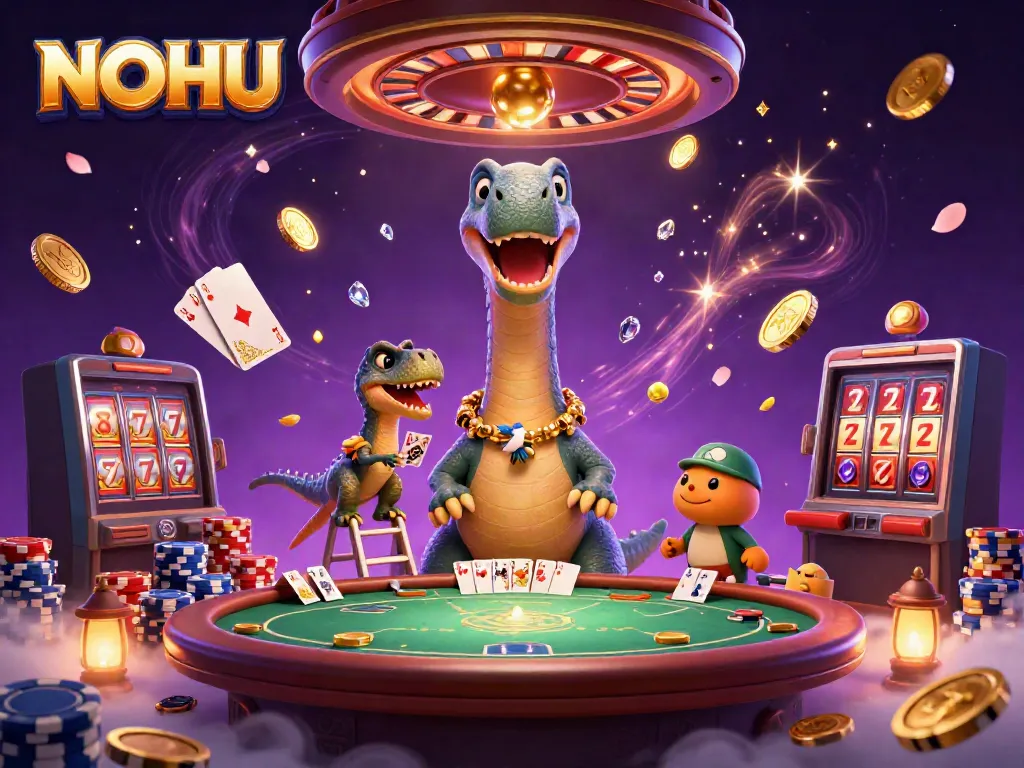 Experience thrilling gameplay with NOHU in a dynamic casino scene featuring a brontosaurus and raptor.