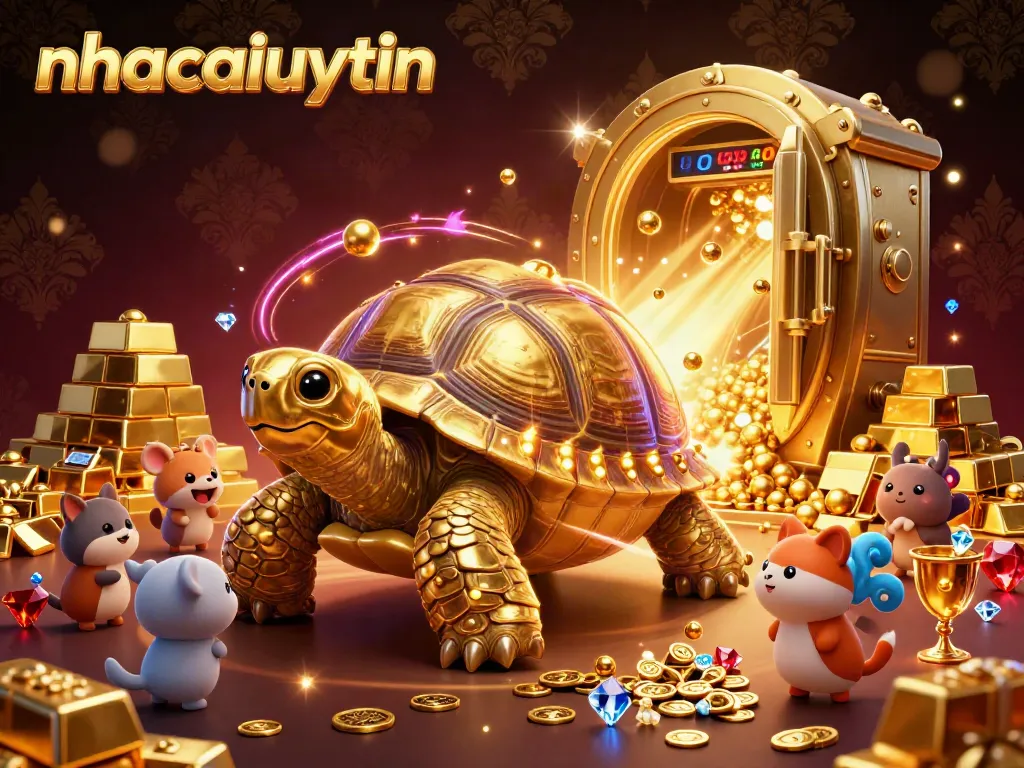 Engage with the thrilling world of nhacaiuytin featuring a colorful 3D illustration of a game-playing tortoise and animated characters amidst dazzling treasures.