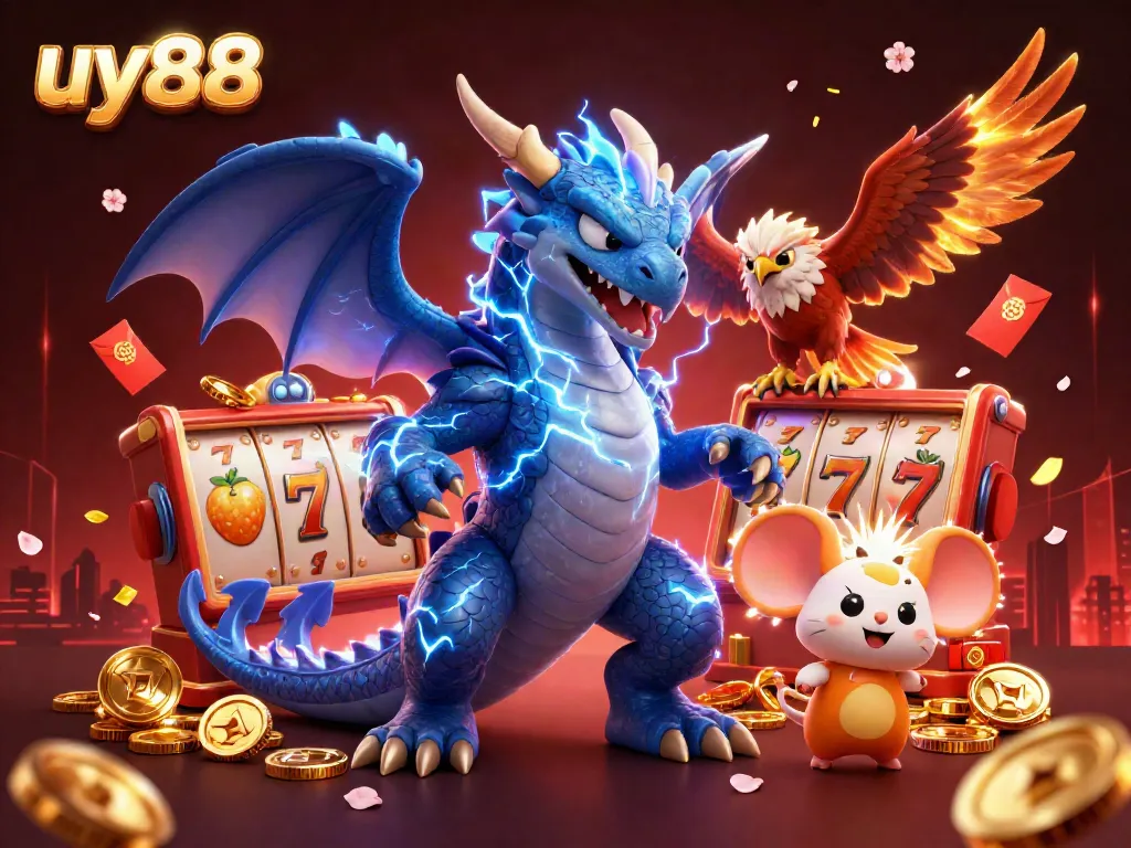 Experience thrilling wins with uy88 as a powerful dragon and dynamic characters light up an exciting casino scene.