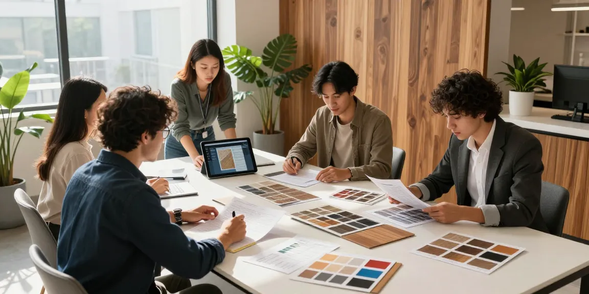 Team collaborating on flooring business software with design plans and samples in a modern workspace.