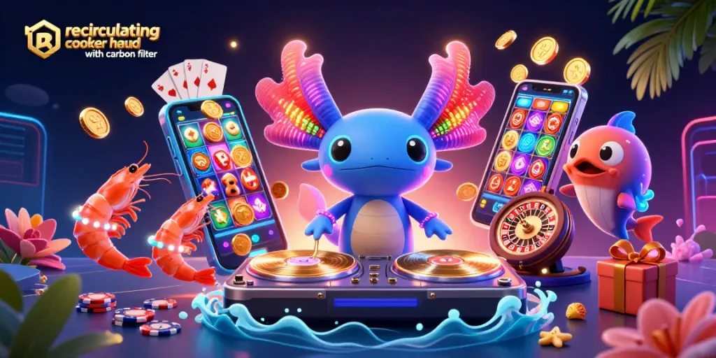 Experience the excitement of a recirculating cooker hood with carbon filter in this vibrant casino-themed illustration.