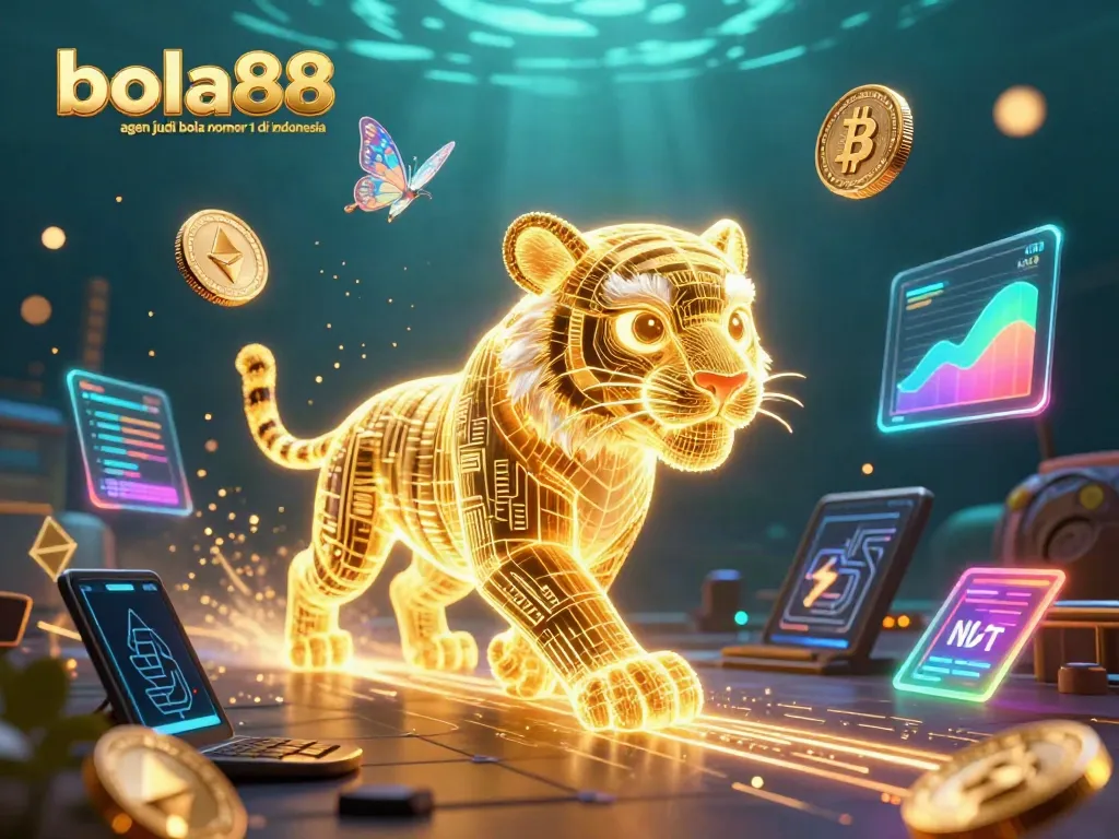 Engage with the vibrant 3D digital casino scene showcasing bola88 agen judi bola nomor 1 di indonesia featuring a neon-tiger surrounded by crypto coins and holographic details.