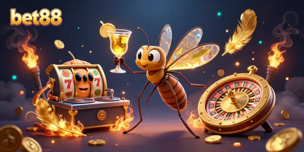 Immerse in the vibrant world of bet88 with this captivating casino mascot and dynamic gaming scene.