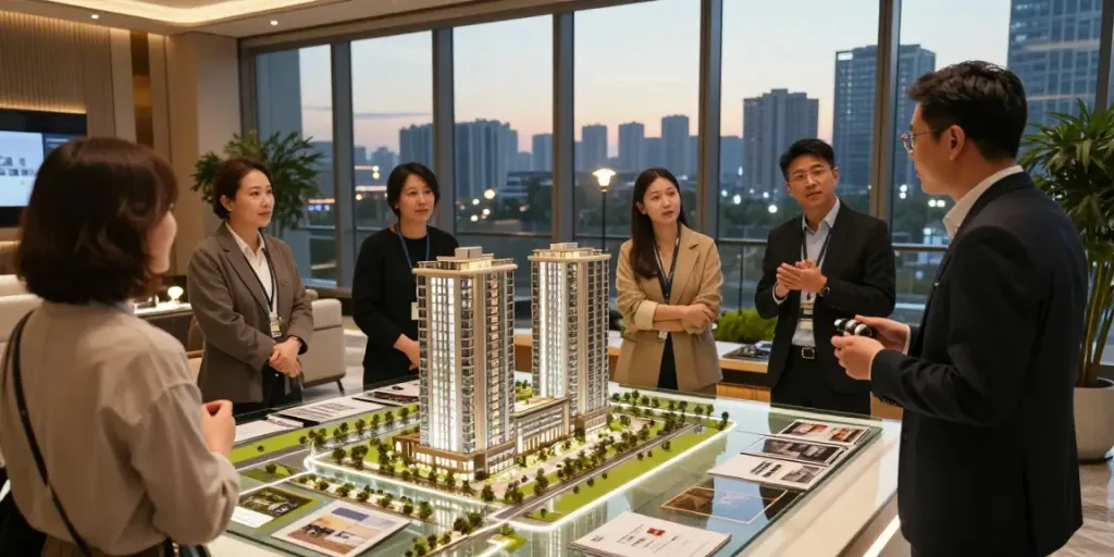 Stylish new launch condo display with potential buyers discussing features and layouts.