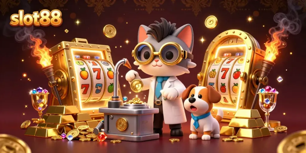 Experience thrilling jackpots with slot88 in a dynamic 3D casino scene featuring vibrant treasures.
