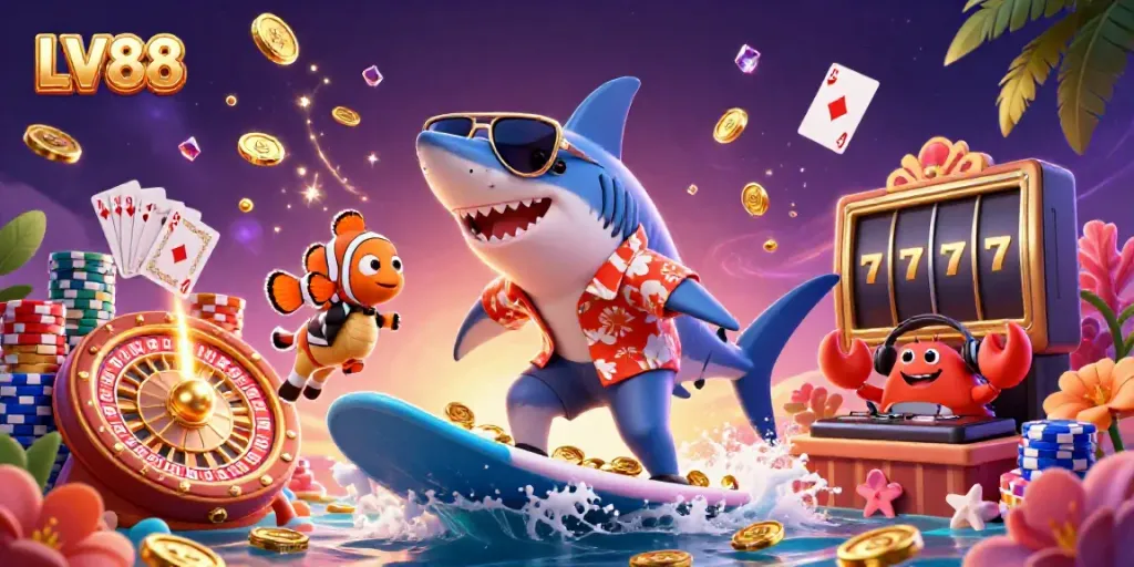 Join the fun at LV88 with animated characters celebrating casino gaming amidst cascading coins and gems.