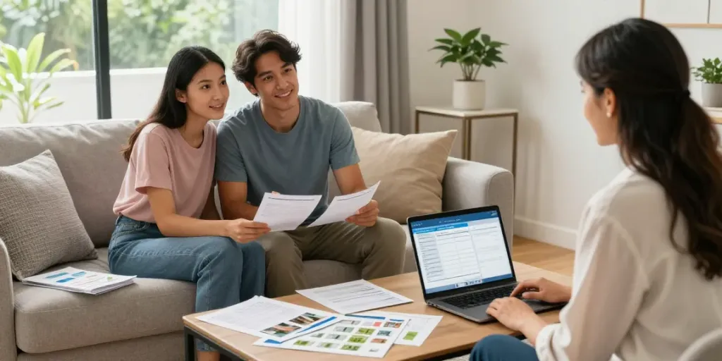 Youthful couple exploring home loans Brisbane options with a mortgage broker in a bright, modern living room.