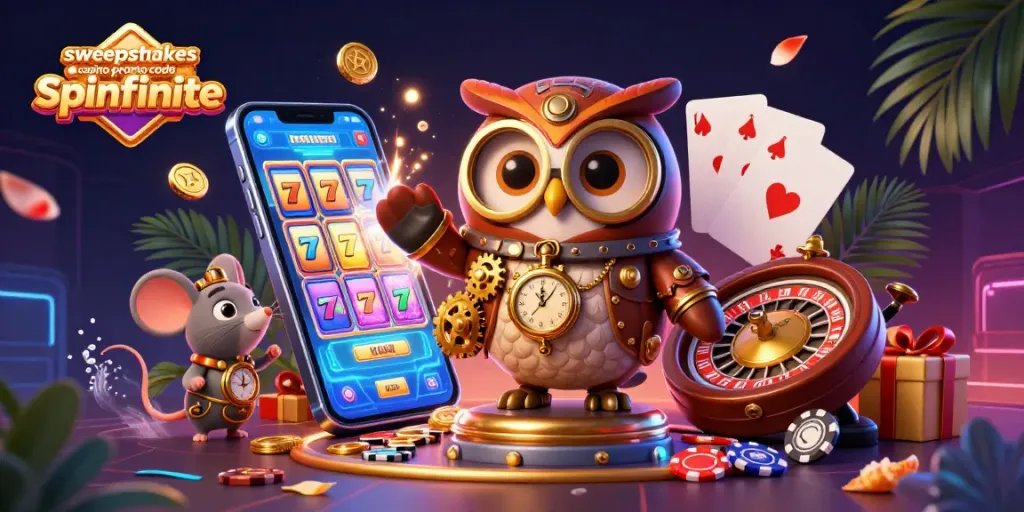 Engage with the sweepstakes casino promo code spinfinite through this vibrant 3D illustration showcasing exciting gaming elements.