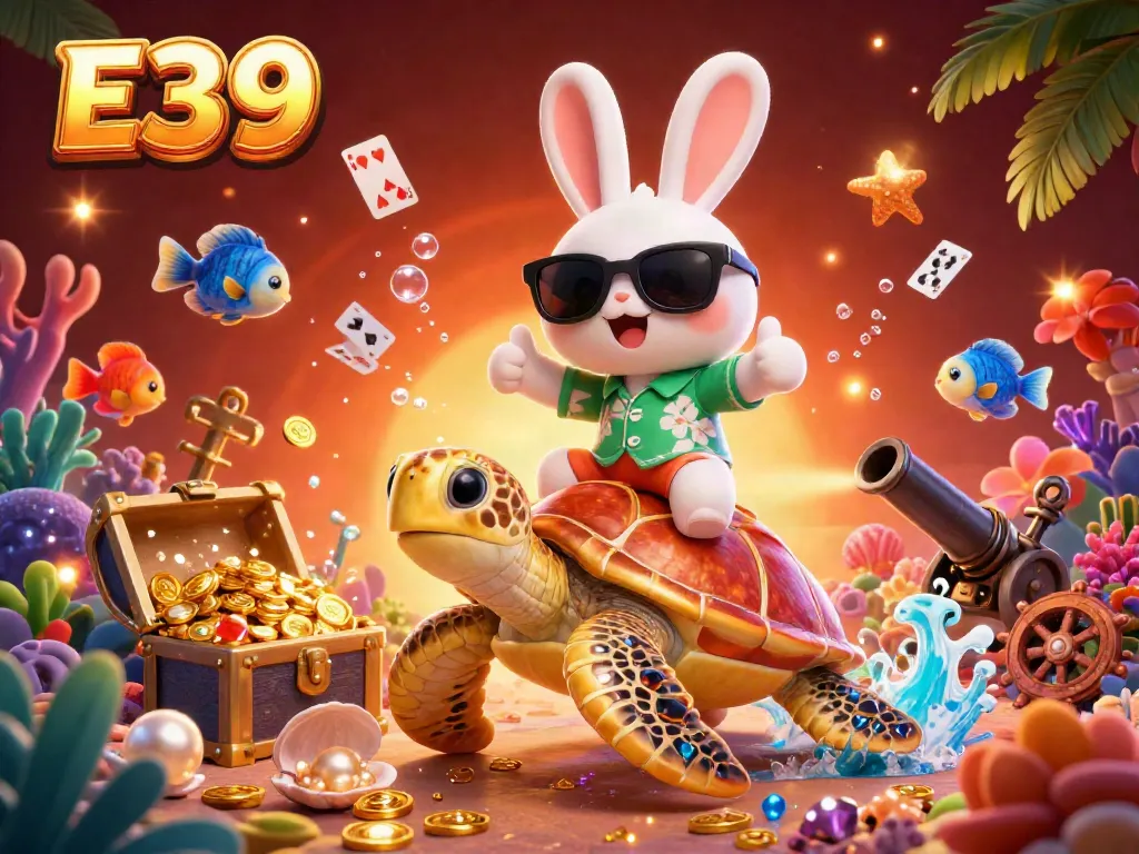 Experience high-energy gaming at E39 with vibrant characters and casino elements amidst stunning ocean scenery.