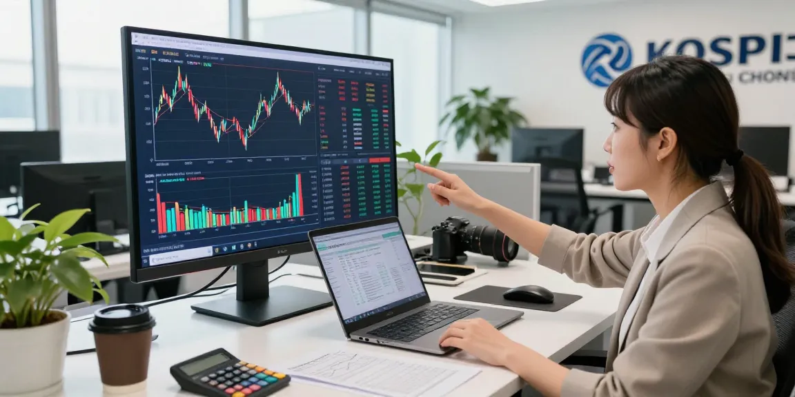 Analyzing KOSPI index chart in a modern financial office setting