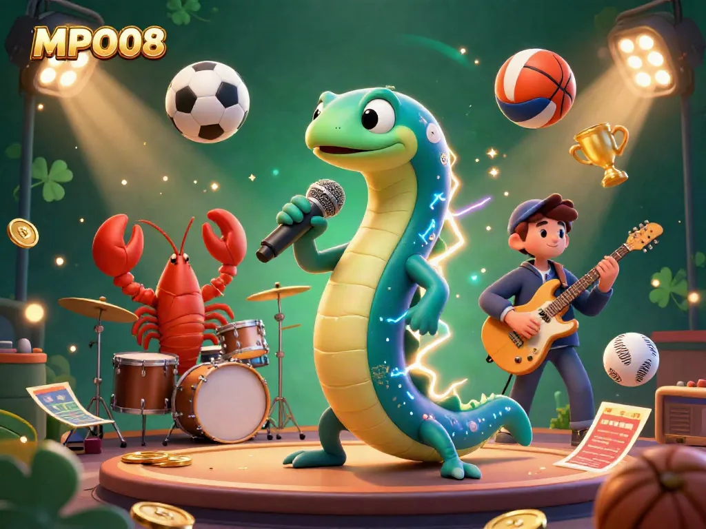 MPO08 showcases an underwater casino stage with lively cartoon characters and dynamic sports elements.