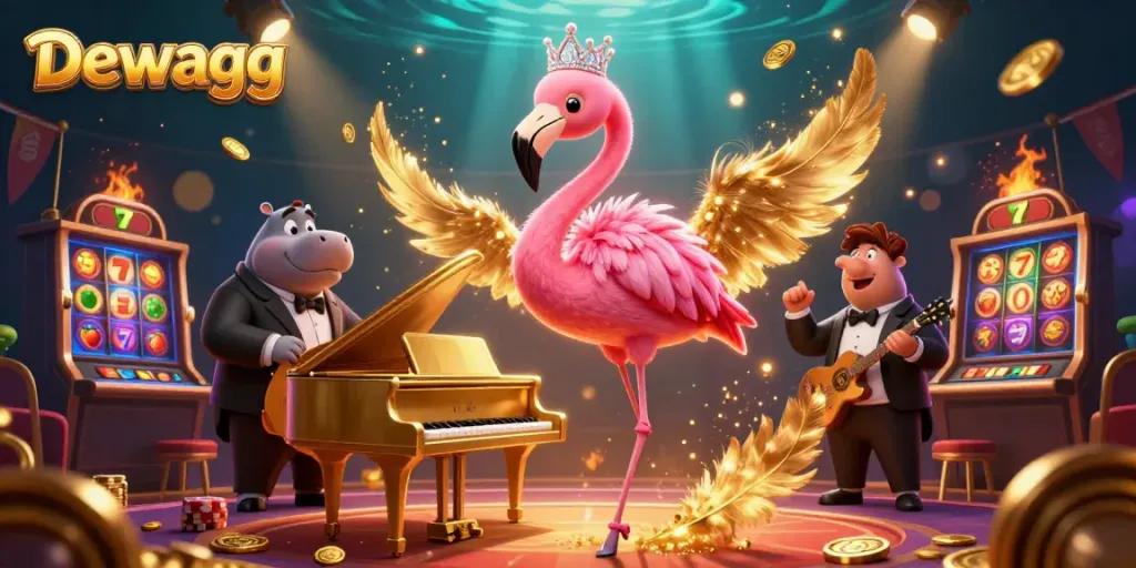 Dewagg offers a vibrant casino experience featuring a singing flamingo and a hippo bassist among dynamic gaming elements.