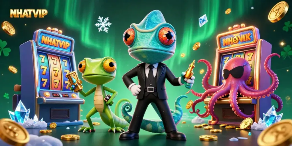 Experience thrilling gaming adventures with NHATVIP as the secret agent chameleon navigates vibrant slot machines.
