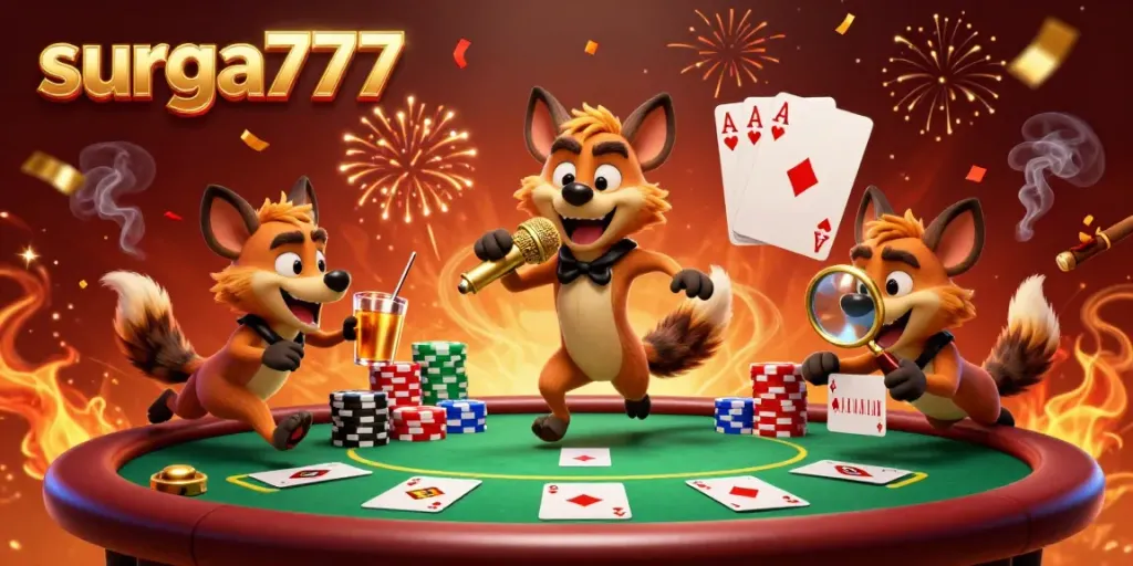Experience the excitement of surga777 with hyena characters celebrating in a vibrant casino scene.