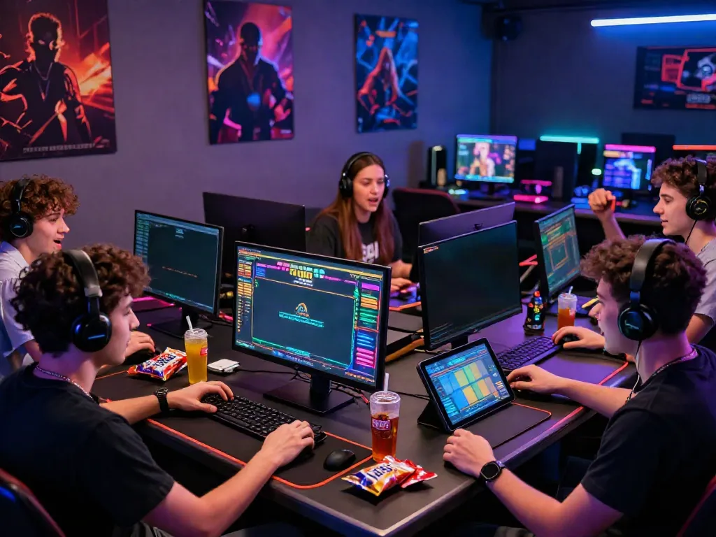 Players enjoying an engaging togel online session with tech gadgets and snacks.