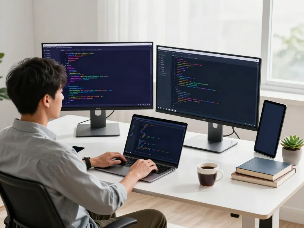 Developer using v2rayN on dual monitors in a bright tech workspace