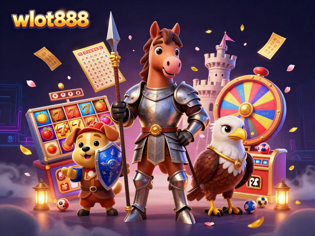 Gambir wslot888 dengan karakter kesatria, anjing squire, dan falcon dikelilingi simbol slot yang cerah.