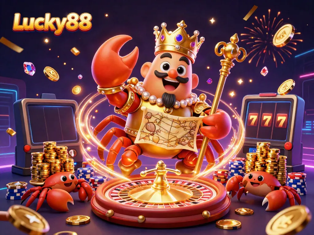 Experience the excitement of Lucky88 with a vibrant scene featuring a golden crab emperor amidst coins and game elements.