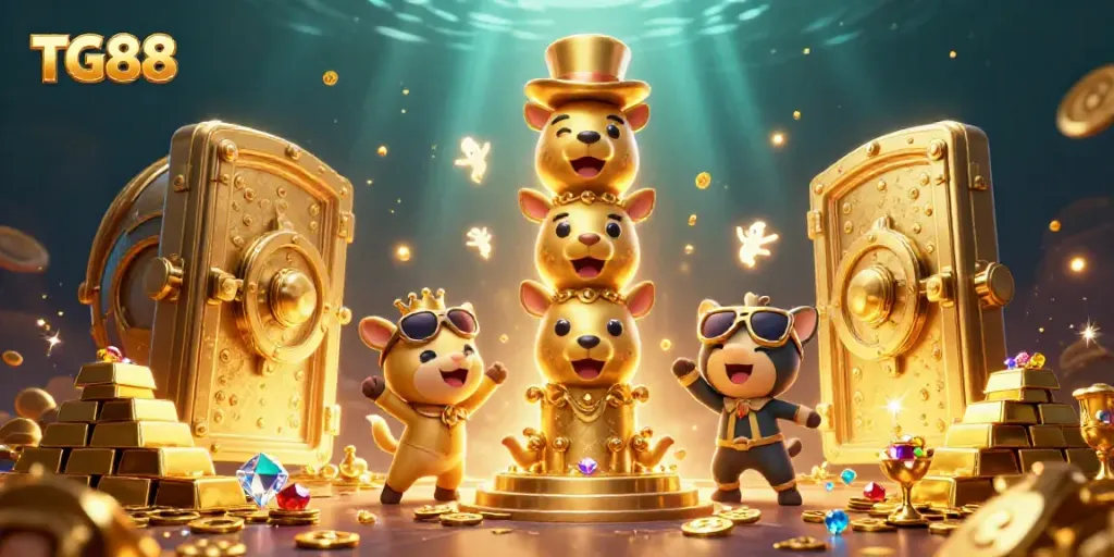 Engage in thrilling gameplay at TG88, showcasing an animated totem pole surrounded by treasures and excitement.