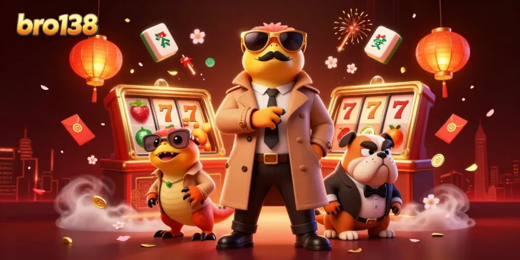 Experience the excitement of bro138 with raptors in disguise trying to enter a casino, amidst lively game elements.