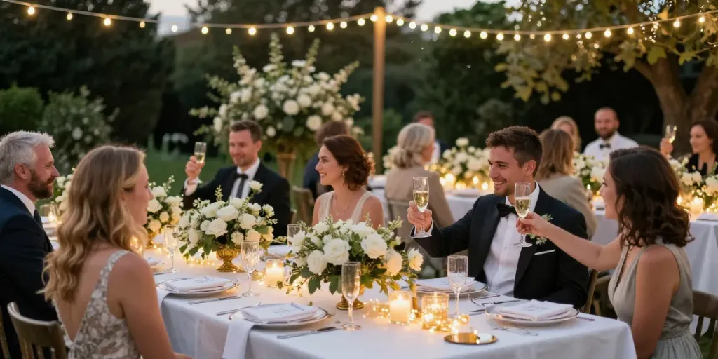 Event rentals for a romantic outdoor wedding reception with elegant decor and fairy lights.