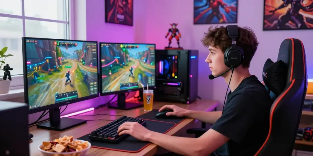 rajalangit77 suasana bermain game daring di rumah dengan gamer fokus dan pencahayaan LED