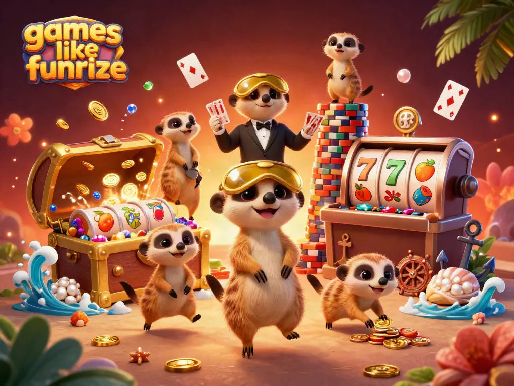 Experience thrilling games like Funrize with a vibrant meerkat casino scene showcasing excitement and treasures.