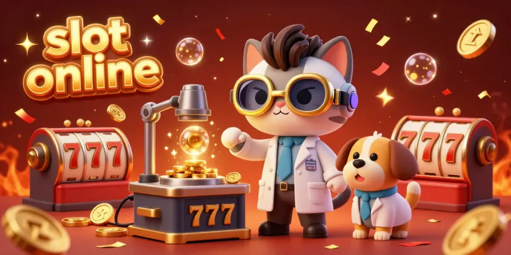Engage with slot online fun in this vivid 3D illustration featuring casino elements and animated characters.