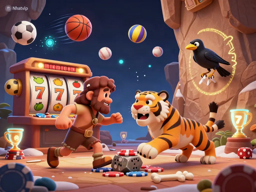 Nhatvip casino illustration showcasing a prehistoric theme with unique characters and slot games.