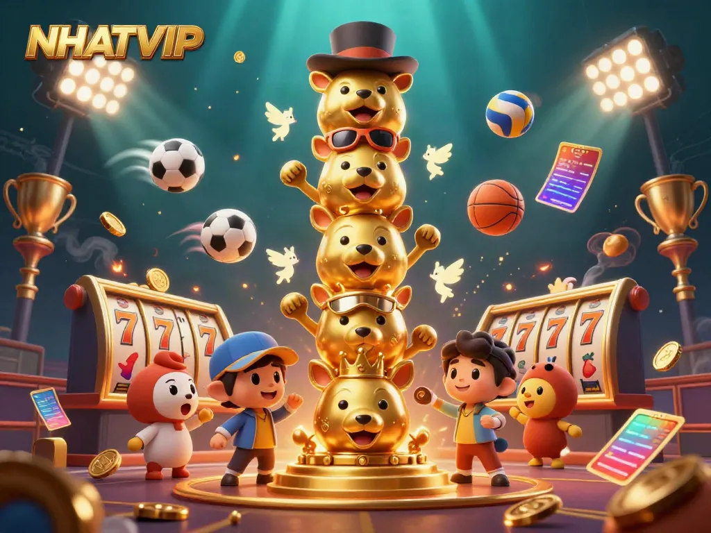 Experience the excitement of NHATVIP with a lively casino totem scene filled with vibrant, energetic game elements.
