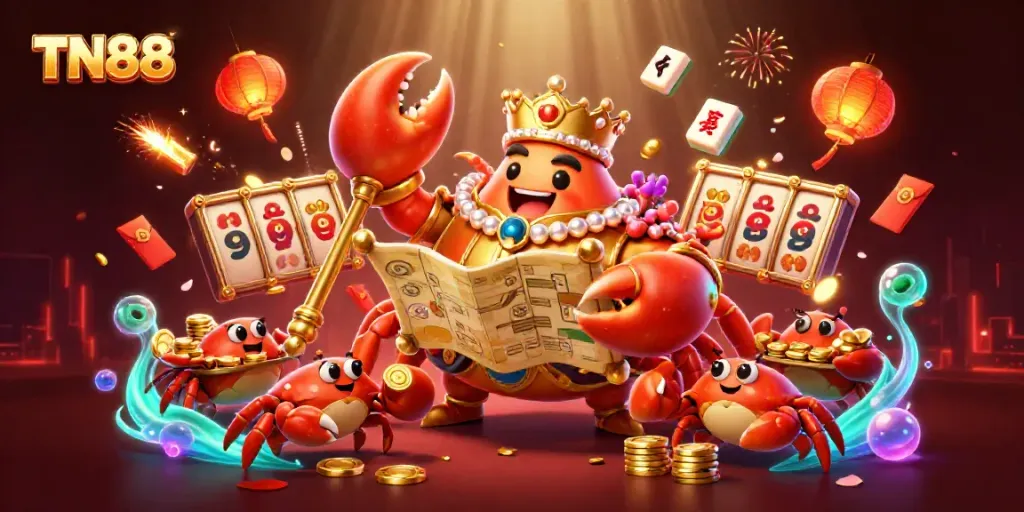 Engage with TN88's thrilling gaming experience featuring a majestic crab emperor, enchanting casino elements, and vibrant colors.