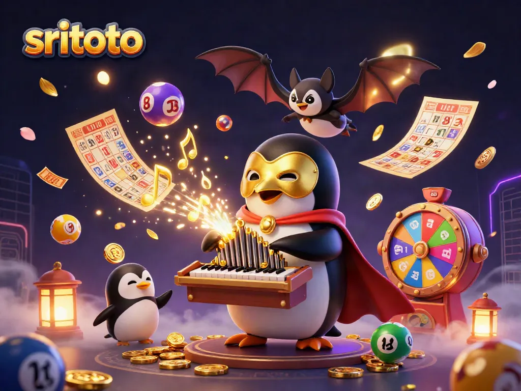 Ilustrasi 3D sritoto dengan penguin beraksi di kasino, menyemarakkan gambar dengan koin emas dan balon lotere.