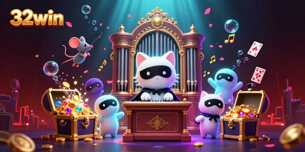 Experience thrilling gameplay with 32win in a vibrant casino scene of celebration and mischief.
