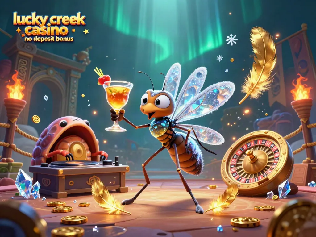 Experience luck at Lucky Creek Casino with a no deposit bonus and vibrant 3D casino illustration.