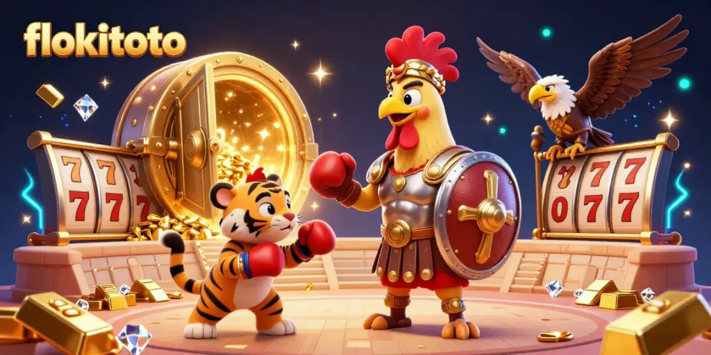 Engage with flokitoto's thrilling slot experiences featuring a gladiator rooster amidst gold treasures.
