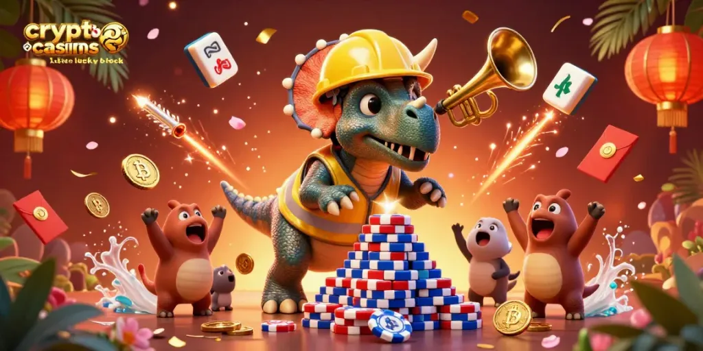 Experience vibrant action at crypto casinos like Lucky Block with animated characters and festive gambling elements.