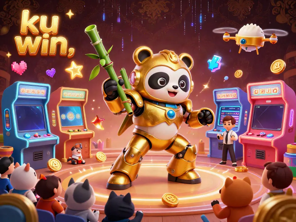 Engage with ku win's vibrant 3D casino scene showcasing a golden panda robot in action.