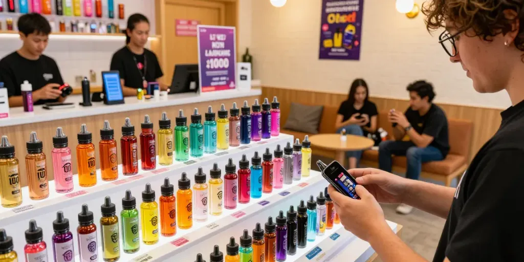 Shop for vape juice online at a vibrant retail display featuring various flavors, creating an inviting atmosphere.