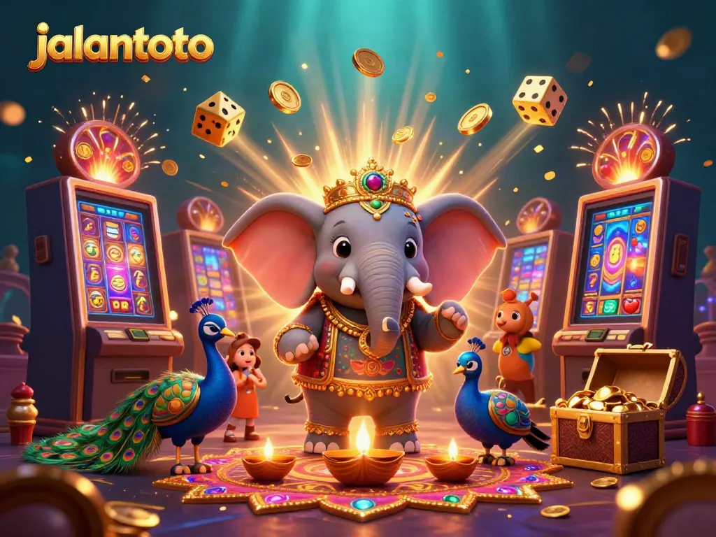 Jalantoto menghadirkan suasana seru dengan gajah kartun dan mesin slot yang dinamis.