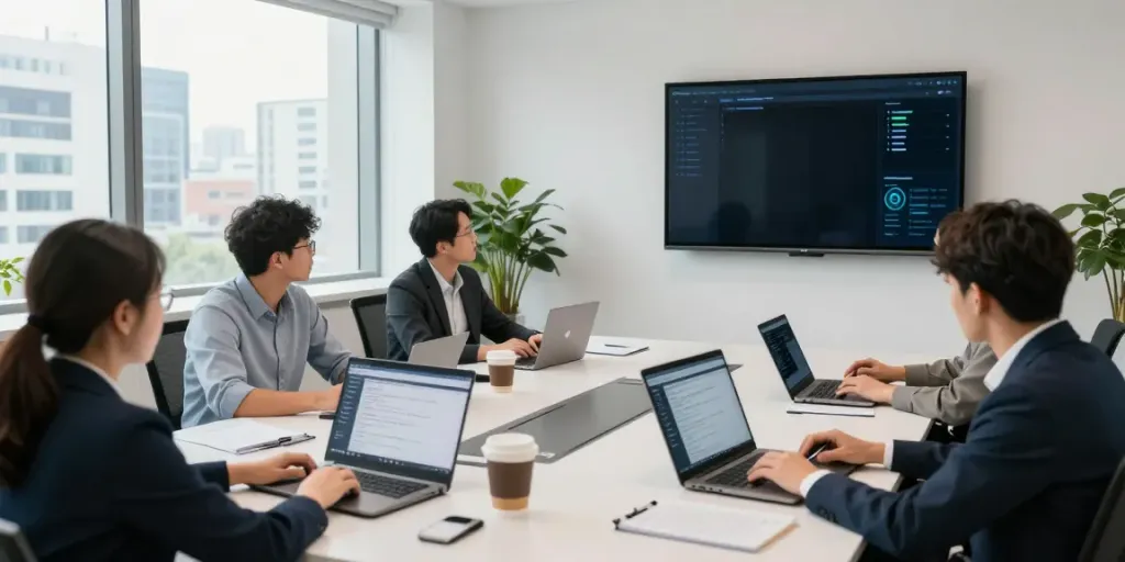 比特指纹浏览器团队在现代办公室讨论安全管理解决方案