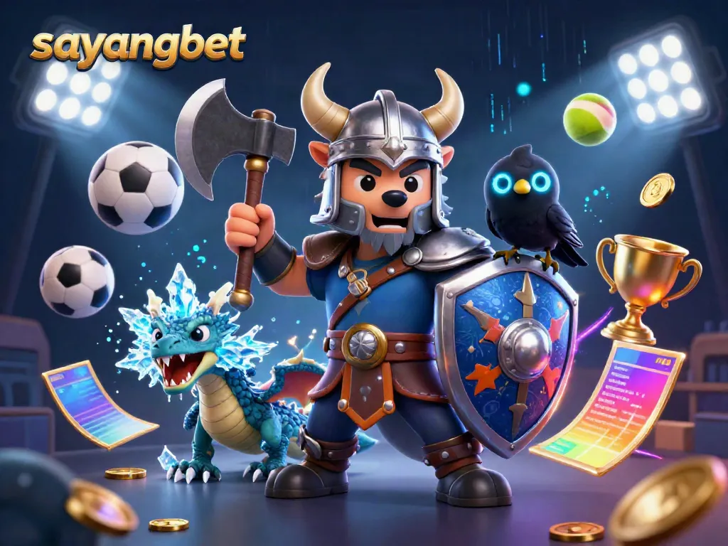 Engage in thrilling action at sayangbet with a dynamic illustration of a Viking warrior, fierce dragon, and soaring sports balls.