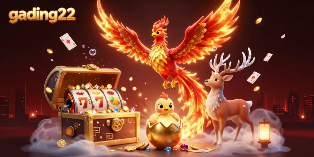Experience thrilling gaming with gading22 featuring a fire phoenix, baby chick, and mystical stag in a dynamic casino scene.