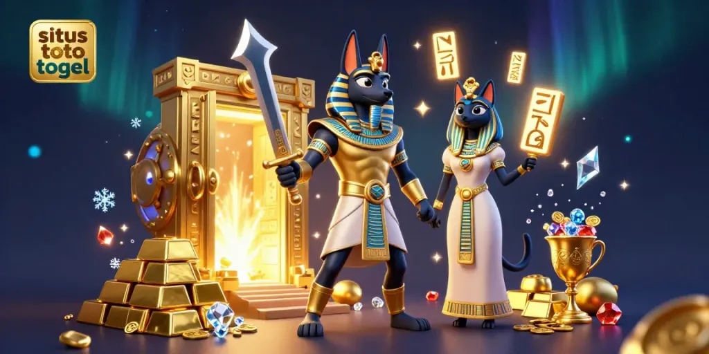 Experience the excitement of situs toto togel with a vibrant 3D illustration featuring ancient Egyptian elements and glowing treasures.